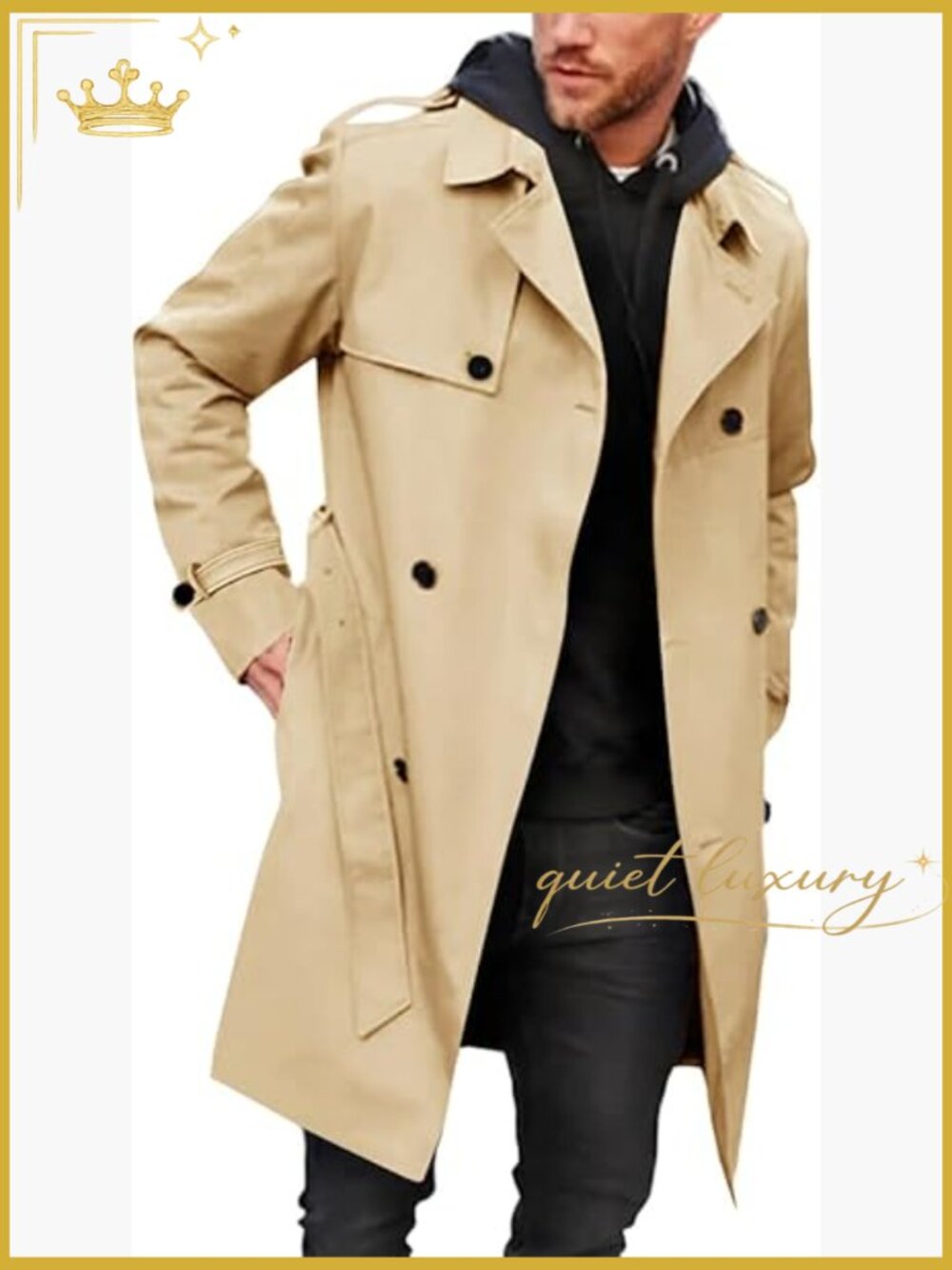 Slim Fit Double Breasted Trench Coat Windproof Long Jacket with Belt